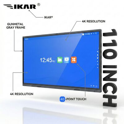 Papan Tulis Interaktif 4K UHD 110 inci: Papan Pintar Multi-Sentuh Inframerah 40 Titik dengan Kaca Tempered Pelindung Cahaya Biru dan Bingkai Metalik Abu-abu Gunmetal untuk Pendidikan dan Ruang Rapat Perusahaan